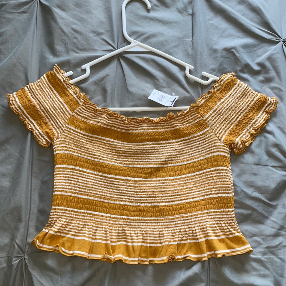 Tillys Ruffled Hem Smocked Off the shoulder Crop